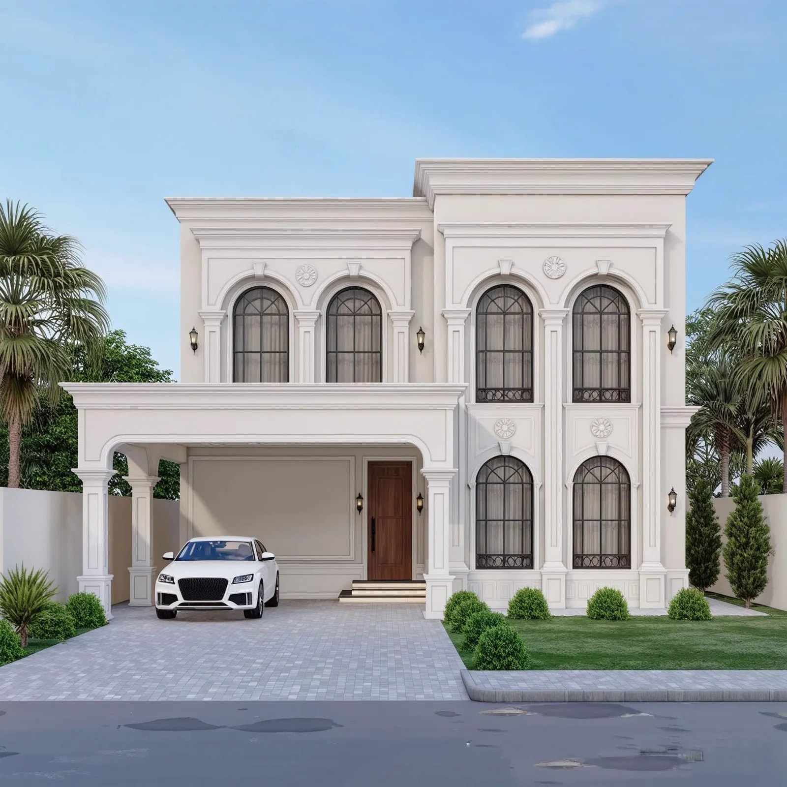 Classical 10 marla double-storey house design in Lahore with arched windows and car porch