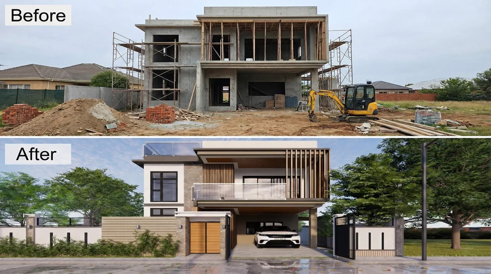 Before and after comparison of a grey structure house and the same house after finishing