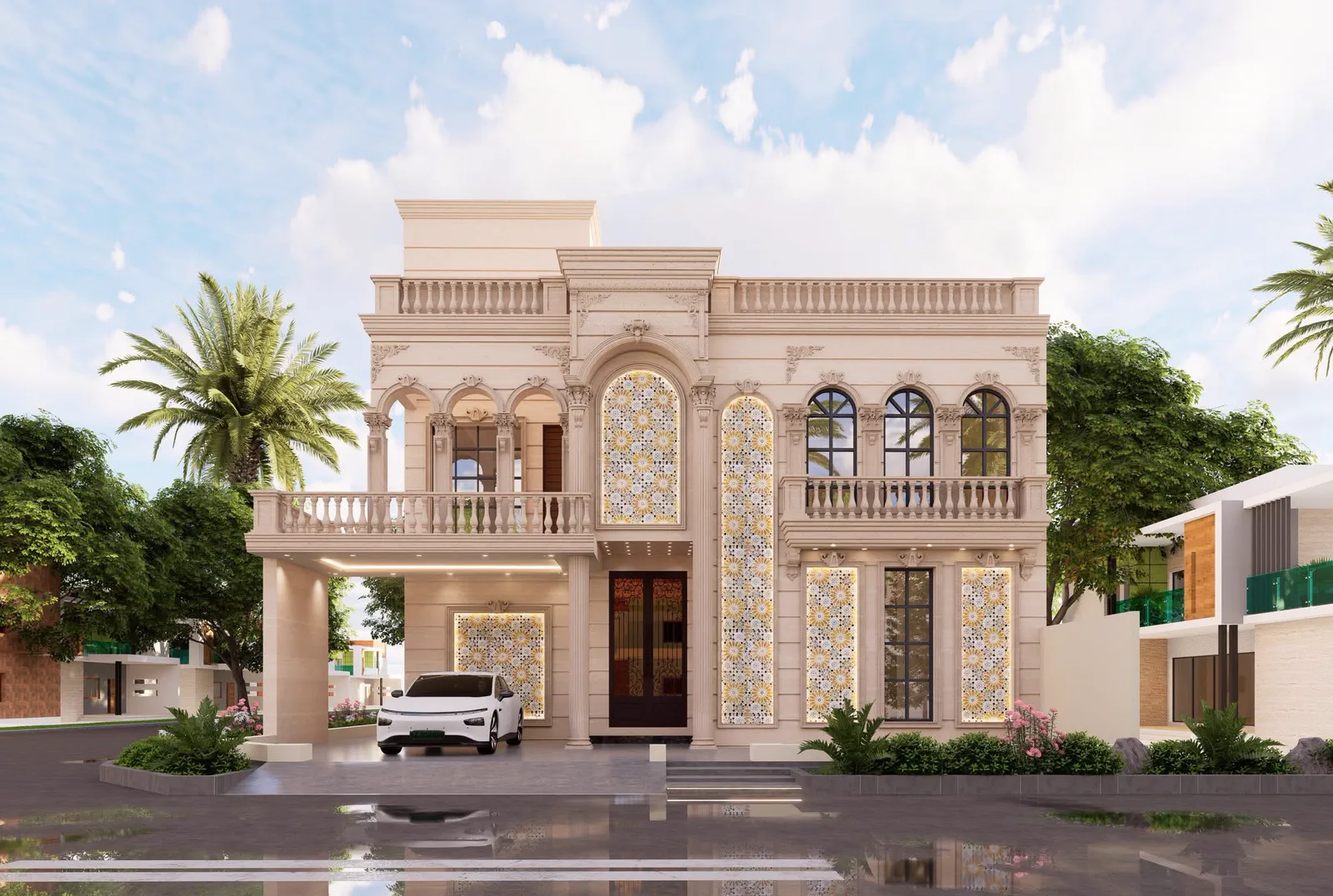 Double-storey residential house design in Lahore with front open space and car porch