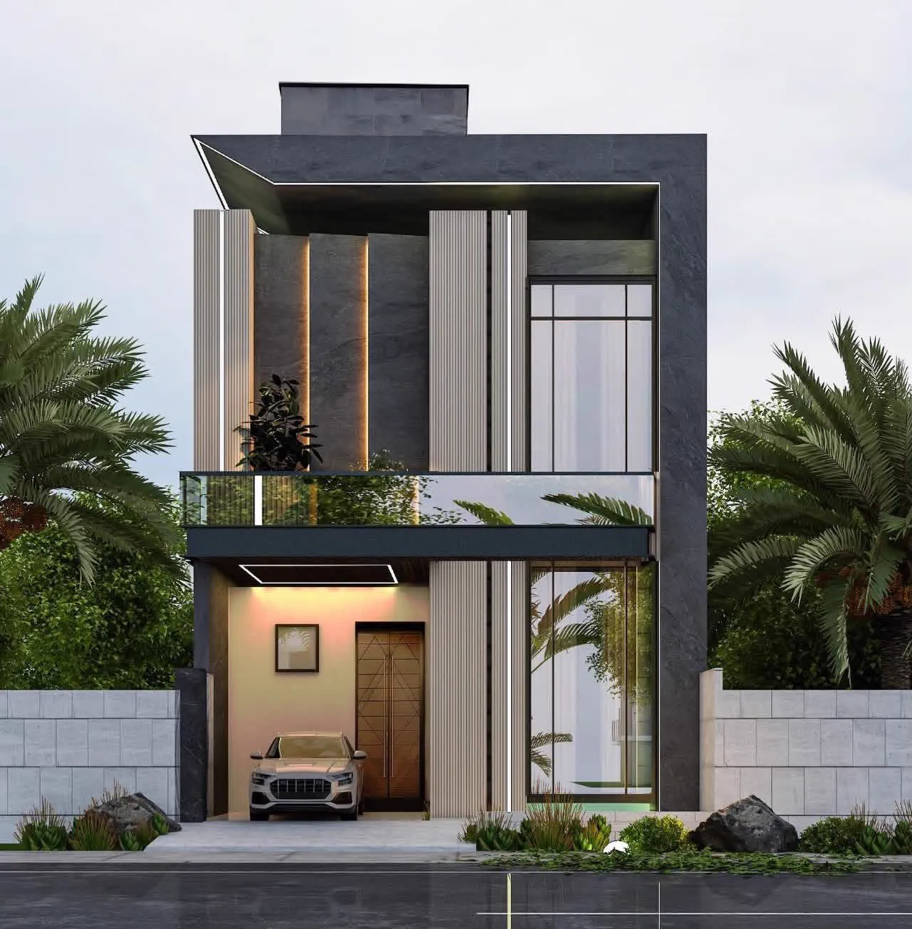 Modern 5 marla house front elevation with vertical cladding, glass balcony and car porch