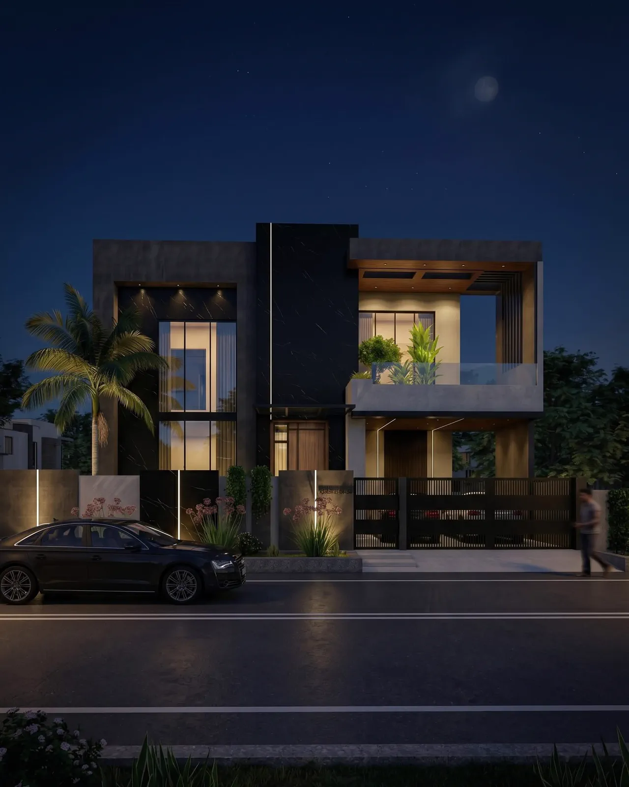 Modern Lahore house design at night with warm lighting and glass balcony