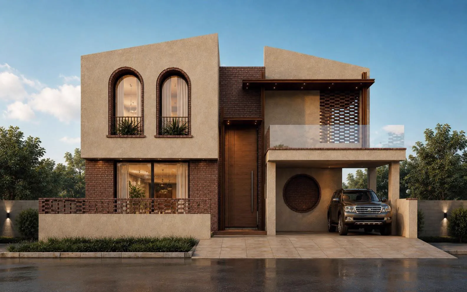 Modern Lahore house design with exposed brick facade, arched windows and car porch
