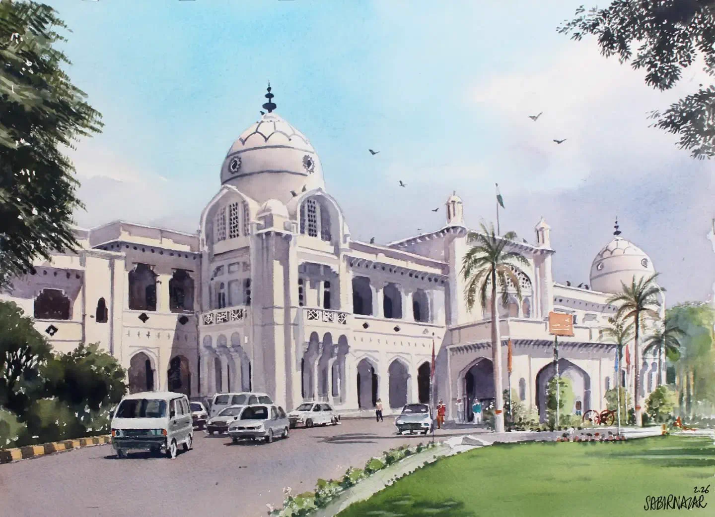 Watercolour illustration of a historic government building in Lahore