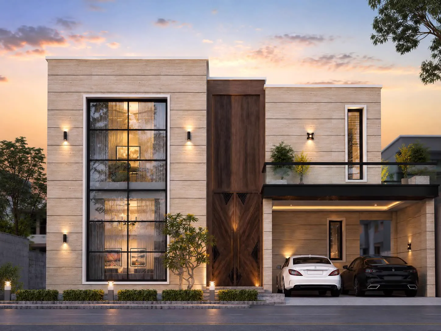 Modern Lahore house design with stone facade and car porch suitable for a basement level