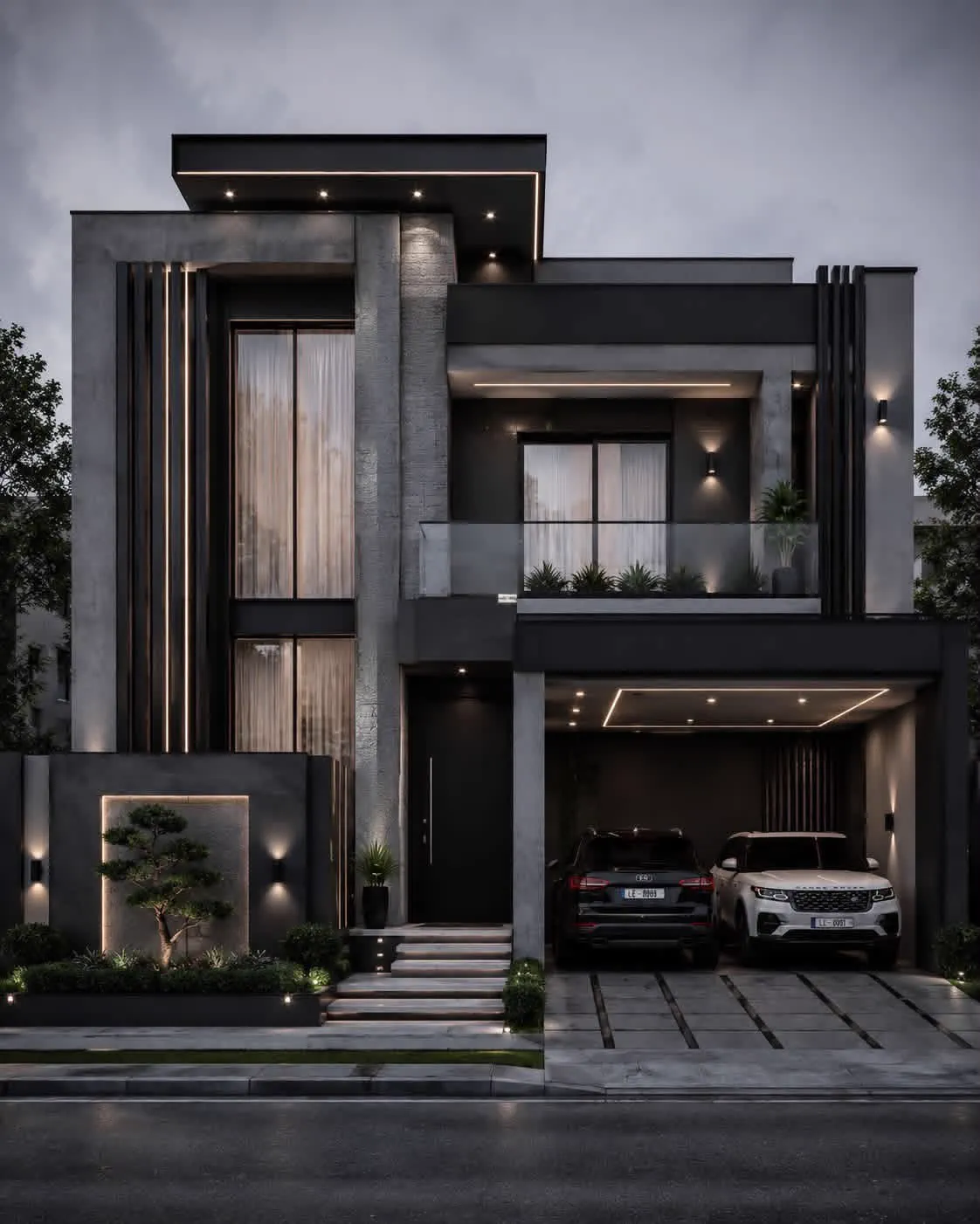 Modern 10 marla double-storey house design at dusk with double car porch and glass balcony