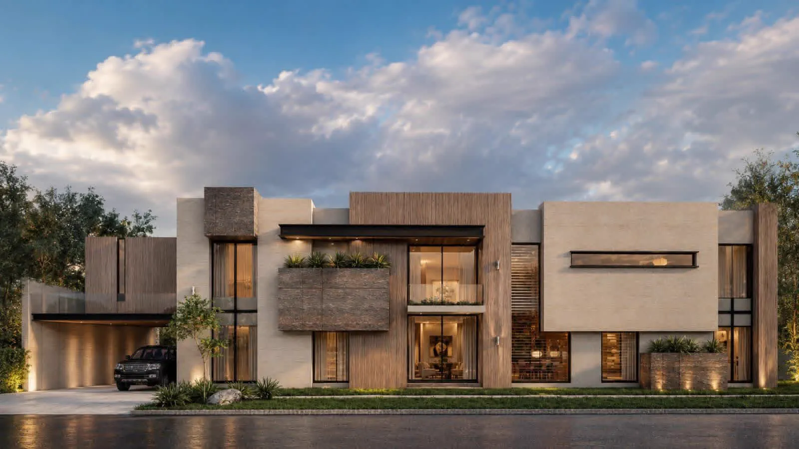 Wide modern 1 kanal house design with stone and wood elevation and double car porch