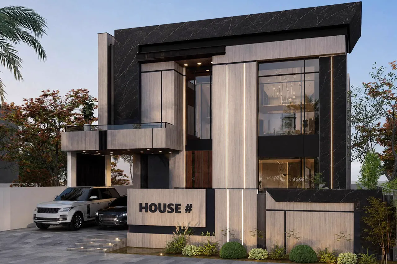 Modern house front elevation combining dark cladding, wood panels and glass